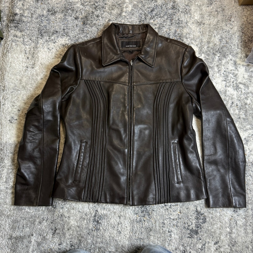 Jones New York Mens XLā Brown Leather Zip Up Pintuck Pleated Jacket Coat